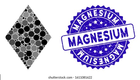 Collage filled rhombus icon and rubber stamp seal with Magnesium phrase. Mosaic vector is designed with filled rhombus icon and with scattered round elements. Magnesium stamp seal uses blue color,