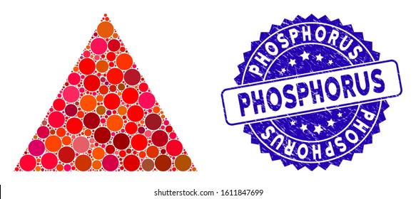 Collage filled triangle icon and rubber stamp seal with Phosphorus text. Mosaic vector is created with filled triangle pictogram and with random round spots. Phosphorus stamp seal uses blue color,