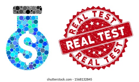Collage financial alchemy and corroded stamp seal with Real Test caption. Mosaic vector is created with financial alchemy icon and with scattered circle elements. Real Test stamp seal uses red color,