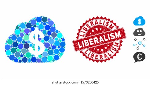 Collage financial cloud icon and grunge stamp watermark with Liberalism phrase. Mosaic vector is composed with financial cloud icon and with randomized round elements. Liberalism stamp uses red color,
