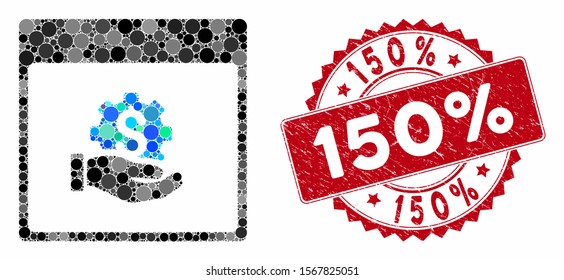 Collage financial development hand calendar page and grunge stamp seal with 150% caption. Mosaic vector is formed with financial development hand calendar page icon and with scattered circle elements.