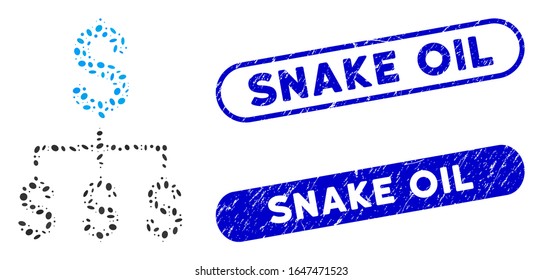 Collage financial hierarchy and rubber stamp seals with Snake Oil caption. Mosaic vector financial hierarchy is formed with scattered ellipse pieces. Snake Oil stamp seals use blue color,