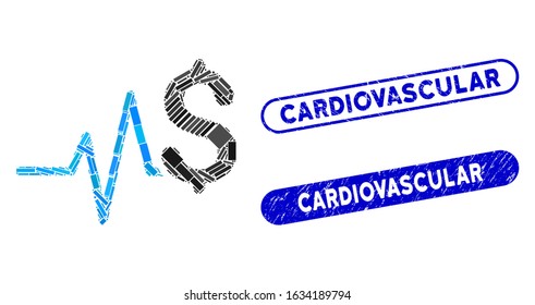 Collage financial pulse and corroded stamp seals with Cardiovascular text. Mosaic vector financial pulse is composed with random rectangle items. Cardiovascular stamp seals use blue color,