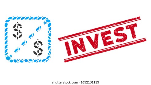 Collage financial shares icon and grunge stamp seal with red Invest text between double parallel lines. Mosaic vector is designed with financial shares pictogram and with scattered oval items.
