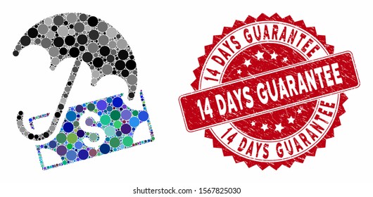 Collage financial umbrella and rubber stamp watermark with 14 Days Guarantee phrase. Mosaic vector is composed with financial umbrella icon and with randomized round spots.