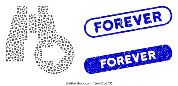 Collage find next binoculars and corroded stamp seals with Forever phrase. Mosaic vector find next binoculars is composed with randomized oval dots. Forever stamp seals use blue color,