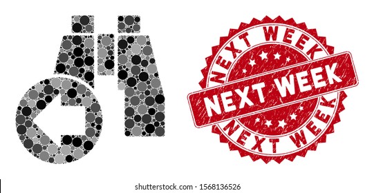 Collage find previous binoculars and corroded stamp seal with Next Week text. Mosaic vector is designed with find previous binoculars icon and with scattered round items.
