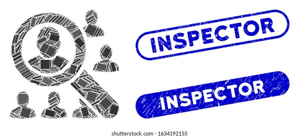 Collage find users and grunge stamp seals with Inspector phrase. Mosaic vector find users is designed with randomized rectangle items. Inspector stamp seals use blue color,
