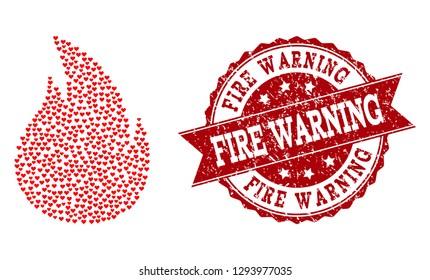 Collage fire created with red valentine hearts, and isolated grunge watermark. Composition for Valentines Day. Fire concept constructed with small random dating heart symbols.
