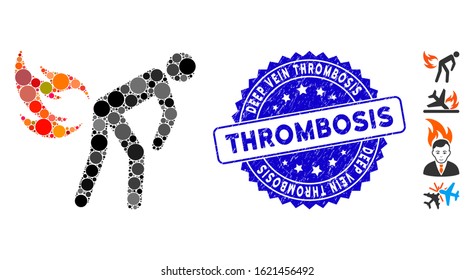 Collage fire farting icon and corroded stamp seal with Deep Vein Thrombosis caption. Mosaic vector is formed with fire farting icon and with randomized circle spots.