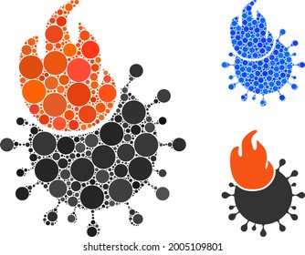 Collage fired coronavirus icon composed of spheric items in random sizes, positions and proportions. Blue and original versions of fired coronavirus icon.