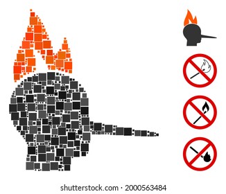 Collage Fired liar icon organized from square elements in variable sizes and color hues. Vector square elements are combined into abstract collage fired liar icon. Bonus pictograms are added.