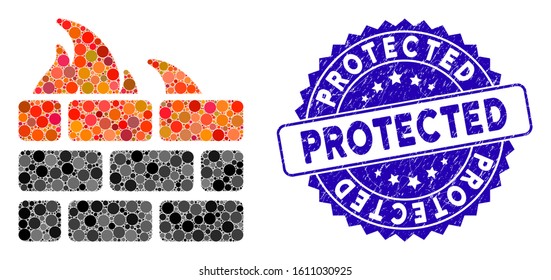 Collage firewall icon and grunge stamp watermark with Protected caption. Mosaic vector is formed with firewall pictogram and with scattered circle spots. Protected stamp seal uses blue color,