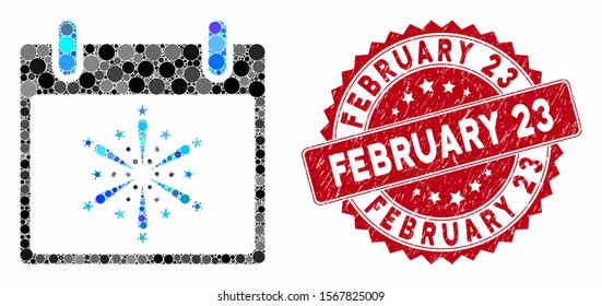 Collage fireworks boom calendar day and grunge stamp seal with February 23 caption. Mosaic vector is designed with fireworks boom calendar day icon and with random circle items.