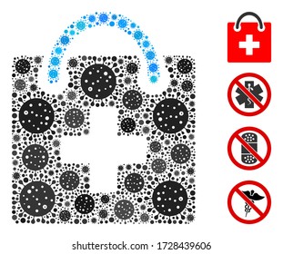 Collage first aid kit united from flu virus icons in different sizes and color hues. Vector pathogen icons are united into abstract composition first aid kit icon. Some bonus icons are added.