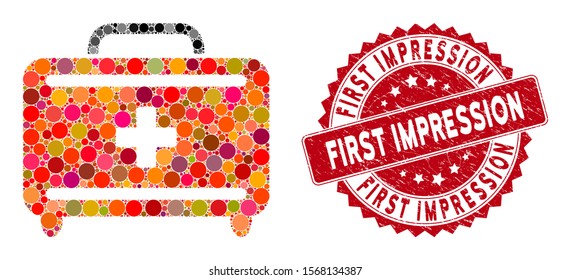 Collage First Aid Toolkit And Grunge Stamp Seal With First Impression Text. Mosaic Vector Is Designed From First Aid Toolkit Icon And With Random Spheric Spots.