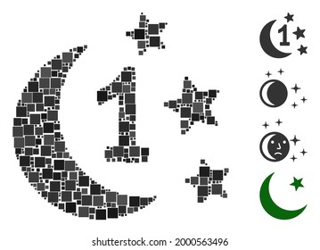 Collage First moon night icon organized from square elements in various sizes and color hues. Vector square elements are organized into abstract collage first moon night icon. Bonus icons are placed.