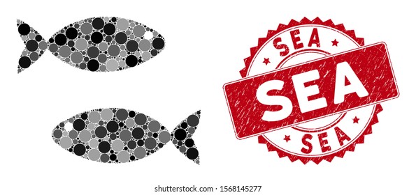 Collage fish pair and grunge stamp watermark with Sea caption. Mosaic vector is created with fish pair icon and with scattered circle spots. Sea stamp uses red color, and grunge design.