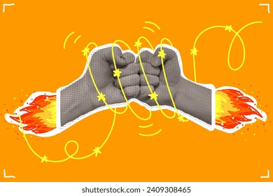 A collage of fists, fingers clenched into fists, a strong blow against each other, stars around, flying like fiery rockets.