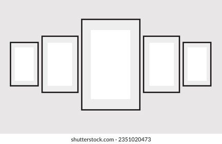 Collage of five black natural wooden frames on bricks wall, interior decor mock up, new collections