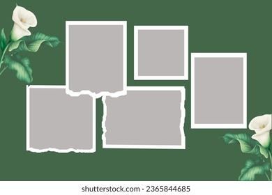 Collage of five empty photo frames. Vector photorealistic mockup isolated on transparent background. Retro empty photo frame template.