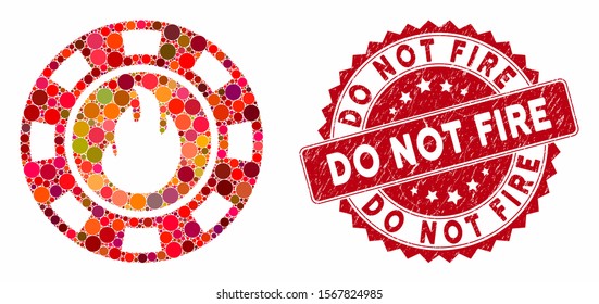 Collage flame casino chip and corroded stamp watermark with Do Not Fire phrase. Mosaic vector is created with flame casino chip icon and with randomized spheric spots.
