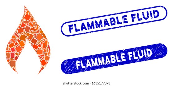 Collage flame and distressed stamp seals with Flammable Fluid text. Mosaic vector flame is formed with random rectangle items. Flammable Fluid stamp seals use blue color,