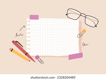 Collage flat lay with copybook page, pen, pencil, paper clips, eye glasses, scribbles by hand. Adhesive tapes fix blank note. Cut out vector elements. Composite image for school education, business