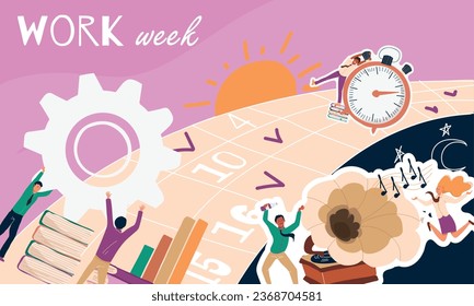 Collage in flat style with busy and happy people on different days of work week against background with marks on calendar vector illustration