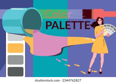 Collage in flat style with female designer holding color palette and bucket of spilt paint vector illustration