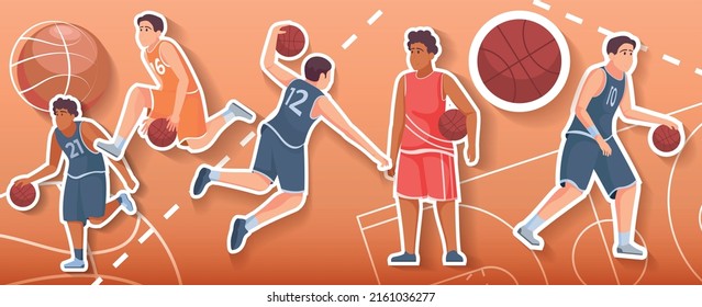 Collage in flat style with male basketball players and balls on color background vector illustration