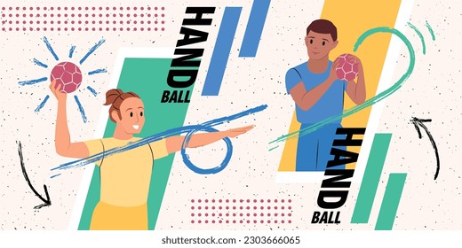 Collage in flat style with male and female handball players holding balls vector illustration