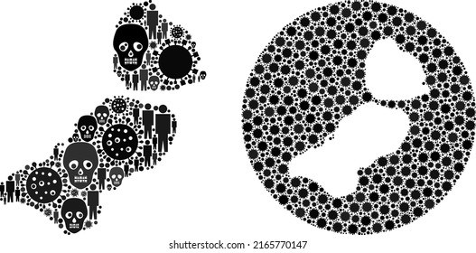 Collage Flevoland Province map composed of virus outbreak elements and men and skeleton elements. Pandemic virus Flevoland Province map collage composed with circle and subtracted shape.