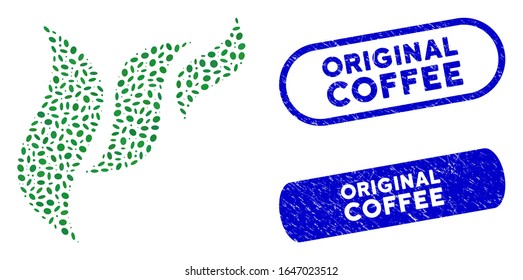 Collage flora abstraction and rubber stamp seals with Original Coffee phrase. Mosaic vector flora abstraction is formed with randomized oval pieces. Original Coffee stamp seals use blue color,
