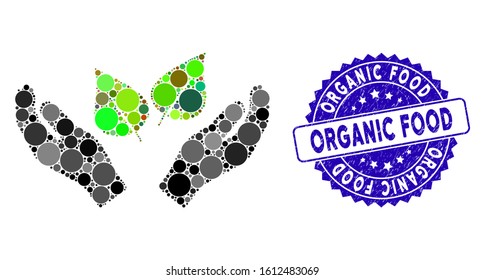 Collage flora care hands icon and rubber stamp seal with Organic Food caption. Mosaic vector is created with flora care hands icon and with randomized round spots. Organic Food stamp uses blue color,