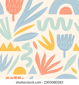 Collage floral seamless pattern with bright abstract shapes. Trendy design for fabric, wrapping paper, textile print, wallpaper. Vector illustration