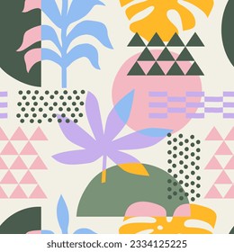 Collage floral seamless pattern with bright abstract shapes. Trendy design for fabric, wrapping paper, textile print, wallpaper. Vector illustration
