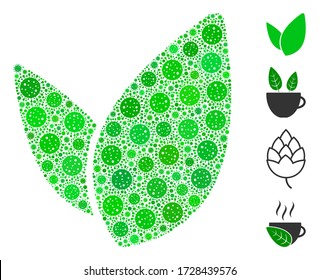 Collage floral sprout constructed from covid-2019 virus icons in random sizes and color hues. Vector infection parts are composed into abstract collage floral sprout icon. Some bonus icons are added.