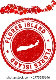Collage Flores Island of Indonesia map formed with red love hearts, and dirty seal stamp. Vector lovely round red rubber seal stamp imitation with Flores Island of Indonesia map inside.