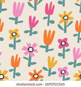 Patrón colorido de flores de collage. Recortar lindas flores en estampado de vivero. Flores cortadas de papel colorido sobre fondo blanquecino. Perfecto para envolver papel y textiles.