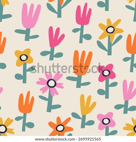 Collage flowers colorful pattern. Cutout cute florals in nursery print. Colorful paper cut blossoms on off-white background. Perfect for wrapping paper and textile.