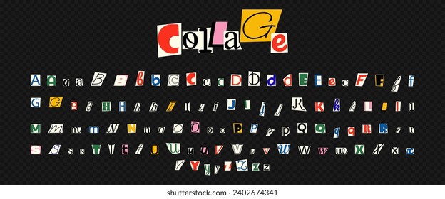 Collage font, colorful anonymous letters, cut out ransom note style alphabet. Grunge punk clipped elements collection. Vector illustration