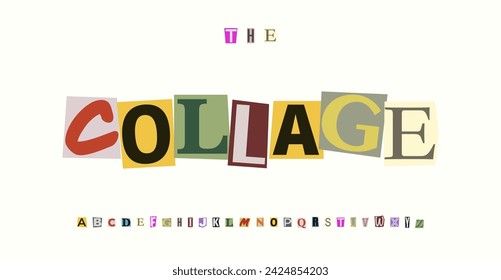 Collage font colorful cutout letters, cut pieces paper alphabet for engaging children logos, playful school banners, vibrant preschool crafts, decorative magazine-inspired typography. Vector typeset