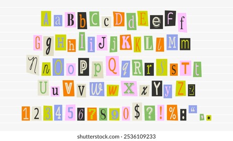 Collage font colorful cutout letters, cut pieces paper alphabet.Cuts from newspaper, anonymous message style. Vector set
