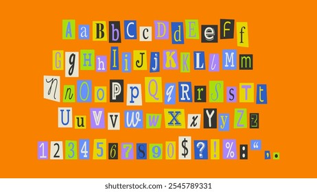 Collage font colorful cutout letters, cut pieces paper alphabet.Cuts from newspaper, anonymous message style. Vector set
