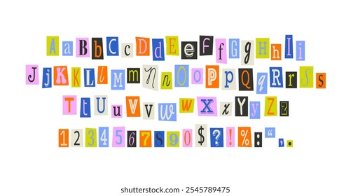 Collage font colorful cutout letters, cut pieces paper alphabet.Cuts from newspaper, anonymous message style. Vector set
