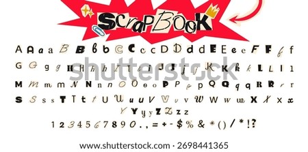 Collage font, cut out anonymous letters, ransom note style alphabet collection, numbers, punctuation marks. Grunge clipping funky elements for scrapbook. Vector illustration on transparent background