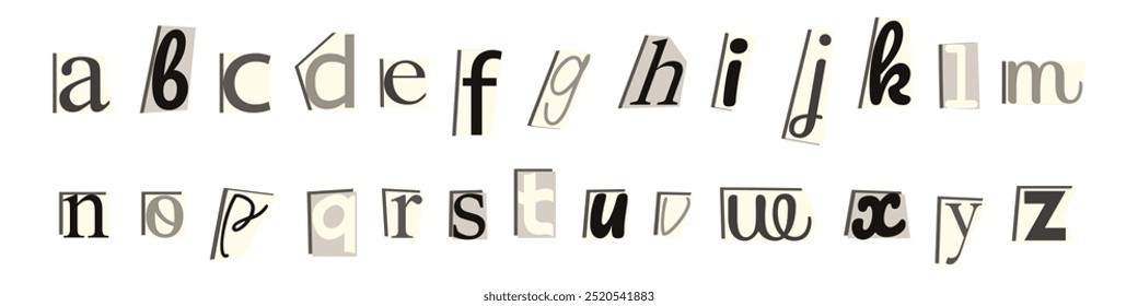 Collage font, monochrome black and white anonymous lowercase letters cut out, ransom note style alphabet paper clipping stickers. Grunge punk vector illustration on transparent background 