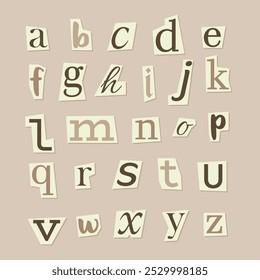 Collage font, monochrome black and white anonymous lowercase letters cut out