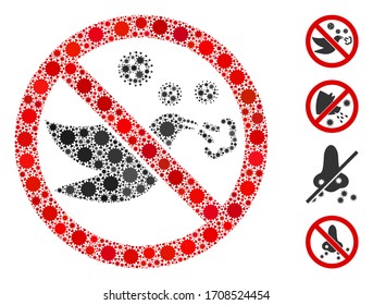 Collage de la gripe aviar prohibida diseñada a partir de objetos coronavirus en tamaños aleatorios y tonos de color. Los iconos de la infección vectorial se organizan en el collage abstracto icono prohibido de la gripe aviar.